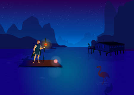 Man standing on raft in middle of lake. Cartoon vector illustration. Man in medieval clothes rafting on wooden platform at starry night with flamingos standing in water. Fairytale, myth, historyのイラスト素材