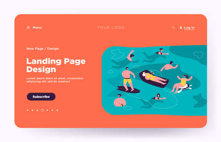 Crowd of tourists swimming and bathing in sea water, surfing, resting on rubber mattress, enjoying leisure and holidays. Flat vector illustration for vacation at ocean, sea activities conceptのイラスト素材