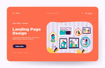 Family photos in frames vector illustration. Pictures of grandparents couple, young parents with kid, children with pet, graduation on wall. For photography, memory, generations, home, gallery conceptのイラスト素材