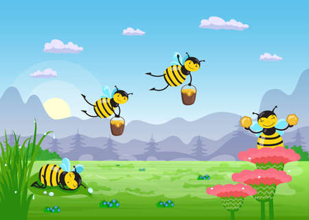 Happy cartoon bees in meadow landscape. Flat vector illustration. Funny flying insects, picking honey and pollen, sleeping in grass. Fairytale, insect, nature concept for banner design or landing pageのイラスト素材