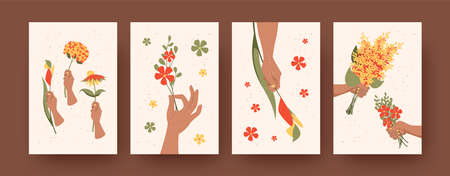 Set of contemporary art posters with floral arrangement theme. Vector illustration. .Hands holding bouquets of wildflowers. Floral decor, nature, flower, floristry concept for banner, postcards designのイラスト素材