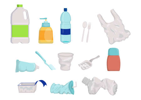 Collection of plastic empty or broken trash. Cartoon vector illustration. Not recyclable litter, rubbish swimming in sea water, household objects. Recycling, waste sorting, ecology concept for designsのイラスト素材