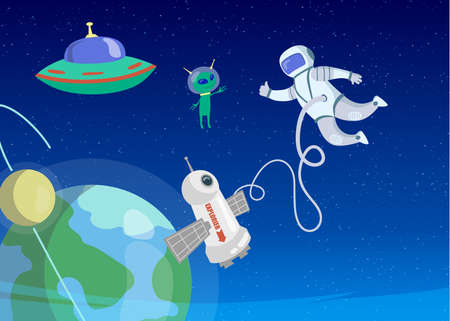 Astronaut greeting little alien in outer space. Cartoon vector illustration. UFO, green extraterrestrial, satellite, spaceman in space suit, Earth in blue background. Universe, travel, UFO conceptのイラスト素材