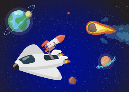 Modern spacecraft travelling in outer space. Cartoon vector illustration. Colorful planets, flying rocket, asteroid in space background. Space, universe, travel, UFO concept for banner designのイラスト素材