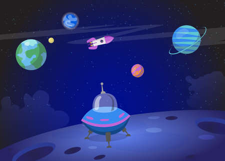 Spacecraft landing on planet surface. Cartoon vector illustration. Colorful planets, flying rocket,...