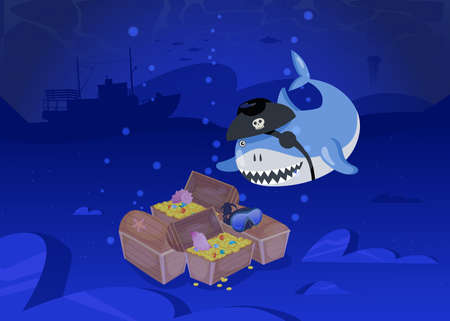 Shark pirate swimming to treasures cartoon vector illustration. Cute shark with eye patch finding gold coins, stones, jewelry on ocean bottom. Fantasy, ocean, wild animal, nature, treasure conceptのイラスト素材