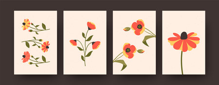 Blossoming summer flowers collection of contemporary art posters. Set of botanic designs in pastel style on beige background. Flowers and blossom concept for banners, postcard invitation designsのイラスト素材