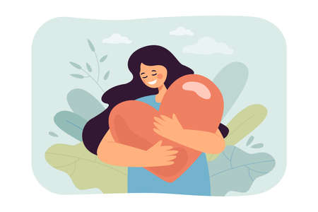 Young woman holding big heart. Female character smiling, getting help, strength and freedom flat vector illustration. Mental health, love, peace concept for banner, website design or landing web pageのイラスト素材