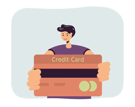 Young man holding credit card. Male cartoon character, digital payment method flat vector illustration. Money, business, debit card, finances concept for banner, website design or landing web pageのイラスト素材
