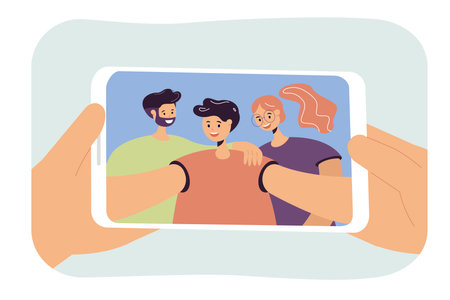 Young boy taking selfie with parents. Hands holding phone with photo of son, mother and father flat vector illustration. Family, relationship concept for banner, website design or landing web pageのイラスト素材