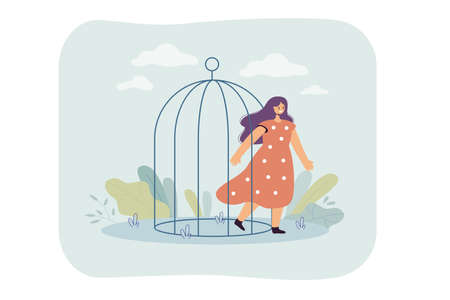 Happy woman leaving birdcage. Female cartoon coming out of cage, opening up flat vector illustration. Freedom, domestic violence, mental health concept for banner, website design or landing web pageのイラスト素材