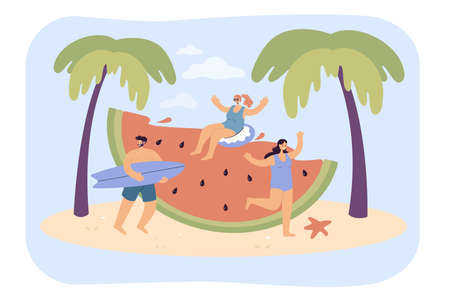 Young people with huge watermelon on beach. Family or group of friends having fun by water flat vector illustration. Beach party, traveling, summer activity concept for banner, website designのイラスト素材