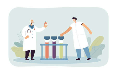 Pharmacists doing research in laboratory. Medical characters analyzing test tubes flat vector illustration. Medicine, healthcare, pharmacy concept for banner, website design or landing web pageのイラスト素材