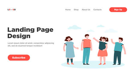 Cartoon diverse children group standing and smiling together. Flat vector illustration. African, American, Asian boys and girls international unity. Ethnic diversity, friendship, school conceptのイラスト素材