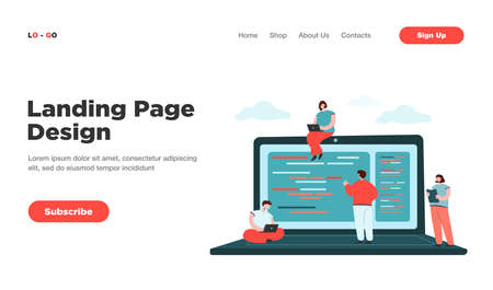 Cartoon tiny young programmers and coders working with computers. Flat vector illustration. Giant laptop and coding or scripting console web engineers around. Software, web, digital technology conceptのイラスト素材