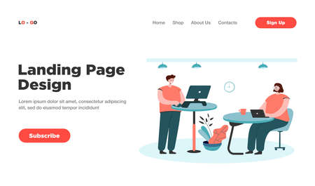 Office employees working at ergonomic workplaces, sitting on fitness ball or standing at desk and using computer. Vector illustration for modern office furniture, contemporary workspace conceptのイラスト素材