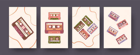 Set of contemporary art posters with super stereo tapes. Vector illustration. .Collection of stereo cassettes with different compositions. Music, audio, vintage, sound concept for social media designのイラスト素材
