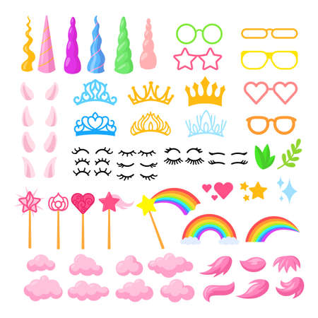 Cartoon unicorn elements vector illustrations set. Collection of horns, ears, crowns, glasses, hairstyles, clouds, rainbows isolated on white background. Imagination, fantasy, birthday party conceptのイラスト素材