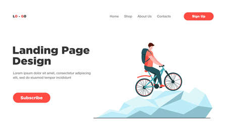 Man cycling on mountain bicycle. Tourist, nature, backpack flat vector illustration. Active lifestyle and extreme sport concept for banner, website design or landing web pageのイラスト素材
