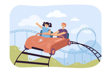 Happy kids riding on rollercoaster. Flat vector illustration. Boy and girl sitting in car, riding high on roller coaster. Entertainment, childhood, amusement, park, fun concept for banner designのイラスト素材