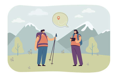Couple plotting route for hiking. Couple of hikers with tablet thinking about trek to top of mountain. Outdoor activity concept for banner, website design or landing web pageのイラスト素材