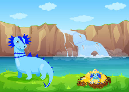 Happy mother dinosaur with hatching from egg baby. Cartoon baby dino sitting in nest flat vector illustration. Waterfall and mountains in background. Breed, nature, animals concept.のイラスト素材
