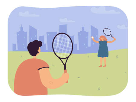 Children playing tennis outside. Girl holding ball and racket, boy waiting, silhouette of city in background flat vector illustration. Sports, outdoor activity concept for banner, website designのイラスト素材