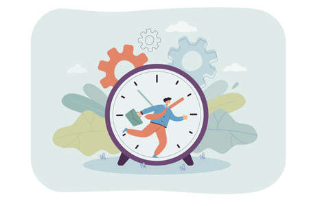 Good office worker with briefcase going to work early. Male character running on face of clock flat vector illustration. Time management, job concept for banner, website design or landing web pageのイラスト素材