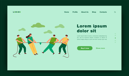 Two office teams of people pulling rope isolated flat vector illustration. Cartoon strong characters playing game and competing in contest. Confrontation, competition and challenge conceptのイラスト素材