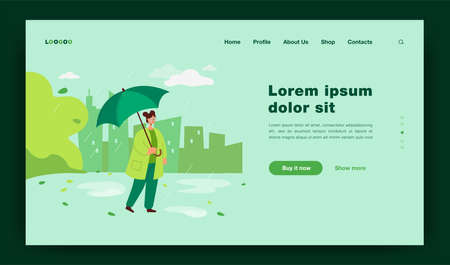 Woman walking in rain with umbrella flat vector illustration. Girl enjoying autumn season and rainy weather in city. Autumn, weather, leisure concept for banner design or landing pageのイラスト素材