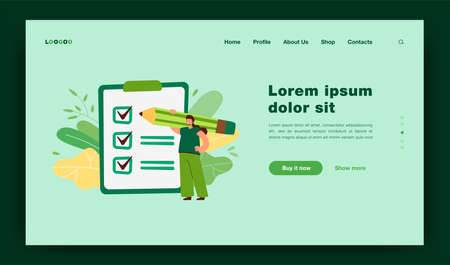 Tiny businesswoman checking completed tasks on clipboard flat vector illustration. Cartoon woman writing survey or test with pencil. Success and business achievement conceptのイラスト素材