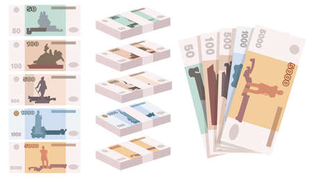 Ruble banknotes of Russia illustrations in cartoon style. Stacks of Russian currency banknotes. Set of vector illustrations of money. Note design. Money concept for advertisement of banners designのイラスト素材