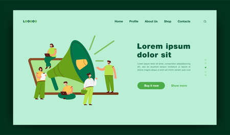 Cartoon tiny managers with giant loudspeaker and laptop. Flat vector illustration. Young people doing business and marketing, attracting customers, promoting goods. Advertisement, marketing conceptのイラスト素材