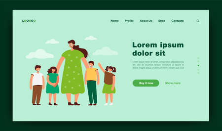Female teacher and kids walking outdoors. Woman watching group of school children on grass. Vector illustration for pedagogy, education, daycare conceptのイラスト素材