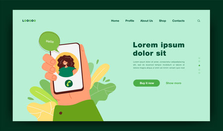 Happy woman greeting from mobile phone screen in hand flat vector illustration. Cartoon male hand holding smartphone. Video call and digital technology conceptのイラスト素材