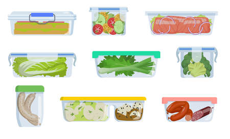 Different plastic containers with food vector illustrations set. Collection of lunch boxes with vegetables, sausages, sandwiches isolated on white background. Food, picnic, camping, traveling conceptのイラスト素材