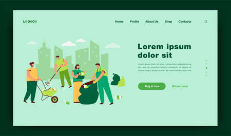 Happy volunteers cleaning city park from garbage isolated flat vector illustration. Cartoon people collecting trash or rubbish on nature together. Volunteering and ecology community conceptのイラスト素材