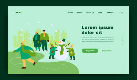 Happy people walking and having fun in winter park isolated flat vector illustration. Cartoon kids making snowman, guy skating. Winter activities and snowy landscape conceptのイラスト素材