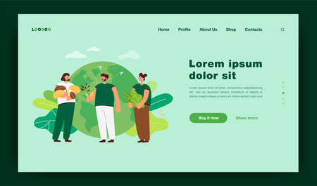 Tiny people standing near Earth globe flat vector illustration. Cartoon man and women near planet holding plants. environment instincts and logic balance conceptのイラスト素材