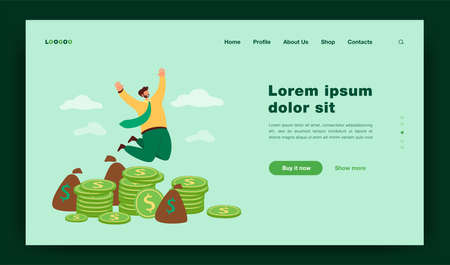 Happy millionaire jumping near pile of coins flat vector illustration. Cartoon businessman or banker celebrating income growth. Finance and stock market conceptのイラスト素材