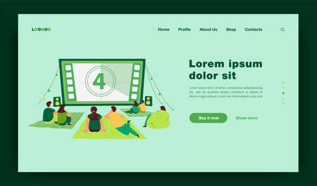 Friends watching movie in open air cinema. Big screen in backyard. Dating couples spending evening time in outdoor movie theater. Vector illustration for weekend, vacation conceptのイラスト素材