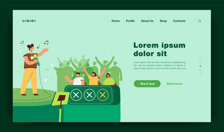 Happy woman singing at TV talent show in front of jury celebrities isolated flat vector illustration. Cartoon performer standing on lighted stage. Television contest and competition conceptのイラスト素材