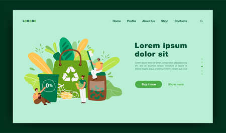 Big sustainable shopping bag and tiny people protecting environment, thinking of future. Cartoon persons using eco-friendly, organic and reusable packages. Recycle, reuse, zero waste conceptのイラスト素材
