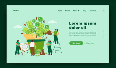 Happy rich people growing financial plant, watering money tree at pile of cash, analyzing wealth and prosperity. Vector illustration for business, finance, revenue, investing conceptのイラスト素材