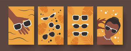 Modern collection of art posters with sunglasses. Colorful set of different sunglasses isolated on...