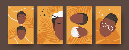 Colorful collection of male haircuts. Vector set of male heads isolated on orange background. Dark and white haired, glasses, leaves, moustache. Fashion concept for banners, website designのイラスト素材