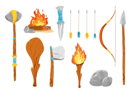 Stone age weapons vector illustrations set. Prehistoric tools, ancient axe and spear, bow and arrows, fire, primitive torch isolated on white background. Stone age, evolution, archeology conceptのイラスト素材