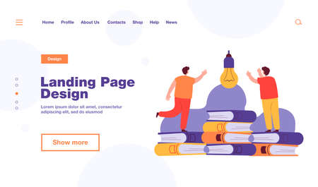 Boys searching for startup idea. Male characters standing on books flat vector illustration. Education, knowledge, school, university, startup concept for banner, website design or landing web pageのイラスト素材