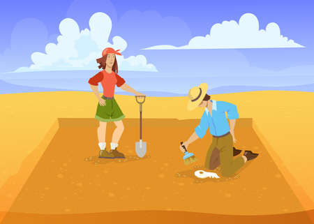 Man and woman excavating in desert. Cartoon vector illustration. Archaeologists with brush, shovel searching for dinosaur, ancient animal remains. Paleontology, archeology, dino, excavation conceptのイラスト素材