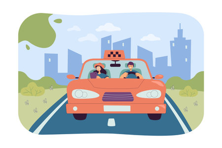 Taxi driver taking passenger to destination. Flat vector illustration. Man and woman riding colorful taxi car, travelling around city, sitting behind windscreen. Auto taxi, app, vehicle, work conceptのイラスト素材